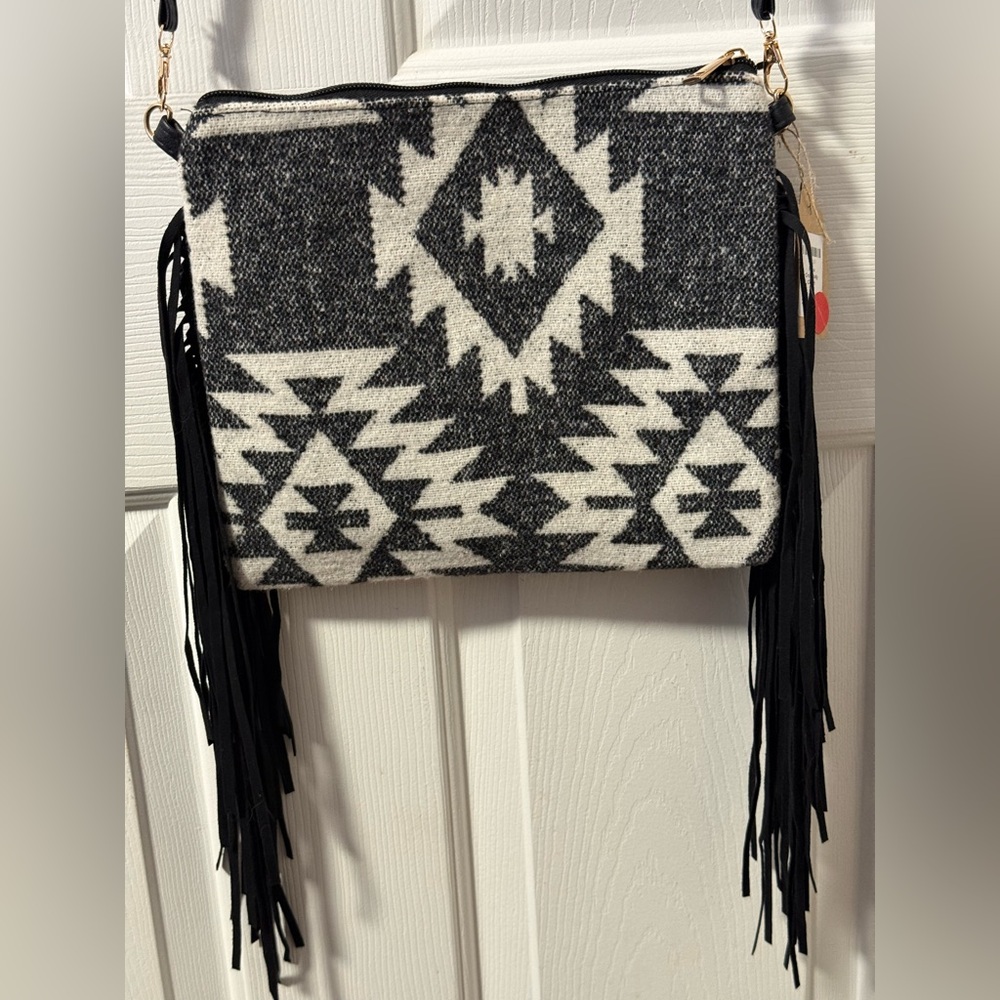 Black and White Fringe Mesa Crossbody Bag and Clutch Western Coastal Cowgirl
